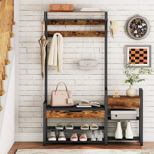 HOOBRO Rustic Brown & Black 5-in-1 Hall Tree with Bench & Shoe Storage