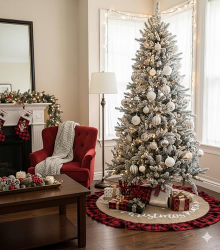 48-Inch Christmas Tree Skirt - Linen Burlap with Red Buffalo Plaid Border