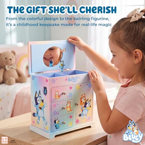 Musical Jewelry Box for Kids with Spinning Figurine and Storage Drawers
