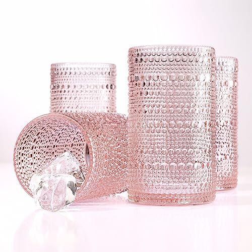Pink Hobnail Drinking Glasses Set - 15 oz Vintage Beaded Bubble Glassware