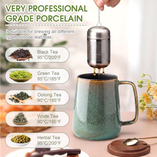 Green 24oz Ceramic Tea Mug with Infuser, Lid & Spoon – Large Coffee Cup for Tea Lovers