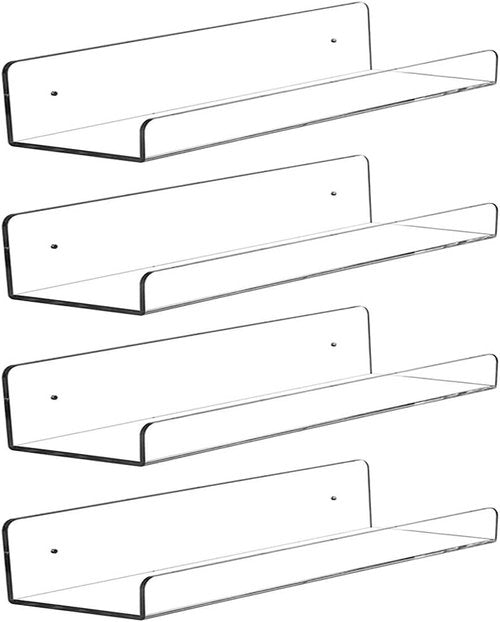 CY Craft Clear Acrylic Floating Shelves - 15 Inch Wall Mounted Storage Shelf Set of 4 for Kitchen, Bathroom, Office
