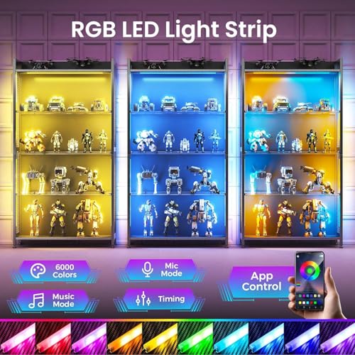 5-Tier RGB LED Display Cabinet with Glass Shelves & Metal Mesh