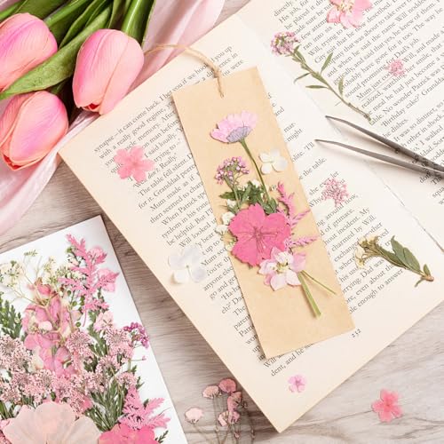 50 Pcs Pink Pressed Dried Flowers & Leaves with Tweezers for Resin Crafts & DIY