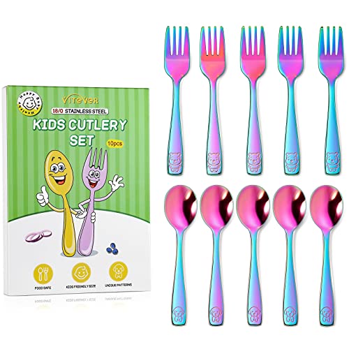 10-Piece Stainless Steel Rainbow Toddler Utensils Set with Forks and Spoons