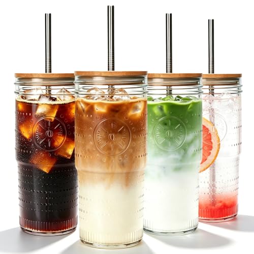 24 oz Glass Tumbler with Bamboo Lid & Reusable Stainless Steel Straw for Iced Coffee