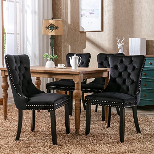 Set of 4 Black Velvet Dining Chairs, Tufted Upholstered Wing Back Chairs