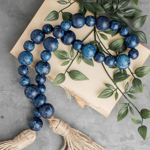 32-Inch Rustic Blue Wooden Bead Garland with Tassel, Boho Farmhouse Decor