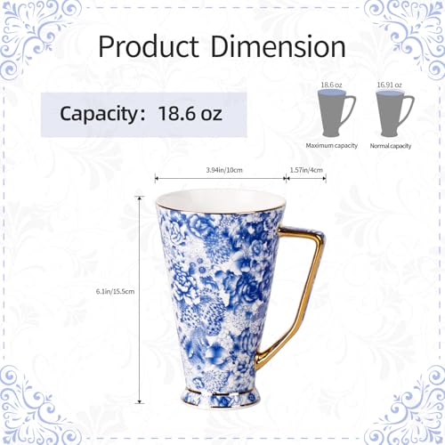 KAMMAK 18.6oz Ceramic Coffee Mugs Set of 2 with Elegant Blue-White Rim