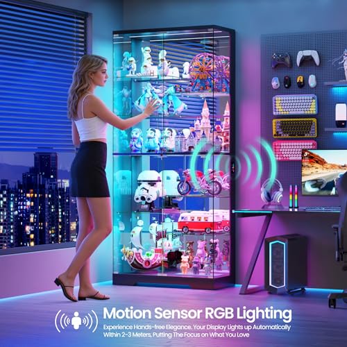 Frameless Glass Display Cabinet with RGB Motion Sensor Lighting, 10-Tier