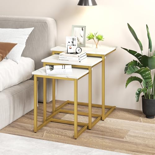 GOFLAME Gold & White Faux Marble Nesting Coffee Tables Set of 3 - Modern C-Shaped Side Tables for Living Room & Bedroom