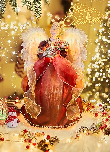 Brightown Lighted Christmas Angel Tree Topper with Violin - Red Variant, 16 Inch Holiday Decor