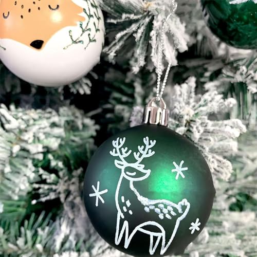 16ct Green Christmas Ball Ornaments Set with Gift Box – Shatterproof Forest Animal Theme, 2.4”