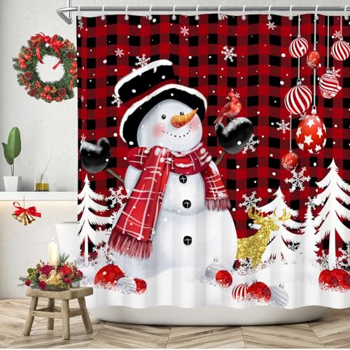 Pnylzzyxh Christmas Snowman Shower Curtain 72x72 inches Waterproof Red White