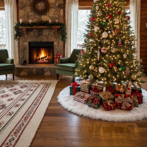 48-Inch White Faux Fur Christmas Tree Skirt - Luxury Plush Base Cover