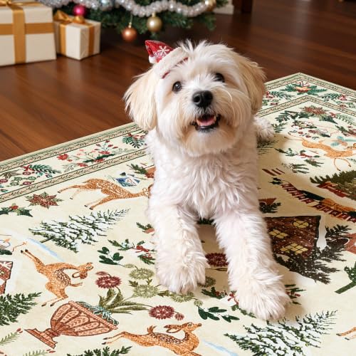 Jinchan Cabin Tales Beige 2x3 Christmas Rug for Entryway & Kitchen, Washable Holiday Decor