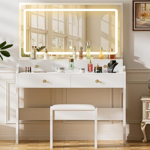 Makeup Vanity Desk with Lighted Mirror, 5 Drawers and Charging Station