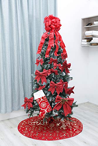 48-Inch Snowflake Christmas Tree Skirt - Soft Red Farmhouse Holiday Mat