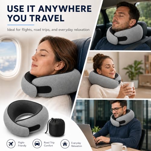 Memory Foam Travel Neck Pillow with Chin Support & Washable Cover