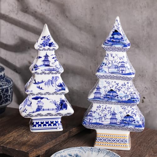 Bucherry 2 Pcs Chinoiserie Christmas Tree 12" 10" Elegant Style – Set of 2 Porcelain Trees