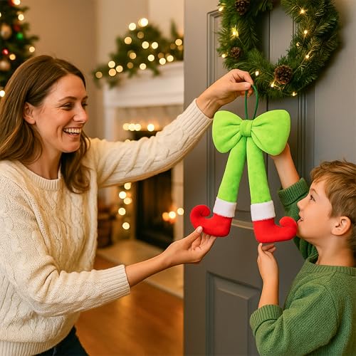 Plush Elf Legs Christmas Wreath Decoration with Red Bow - 15.7" Holiday Decor