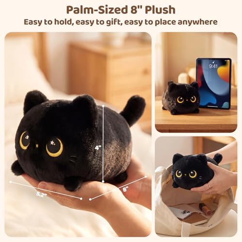 8-Inch Black Cat Plush Toy, Ultra-Soft Kawaii Stuffed Animal Pillow