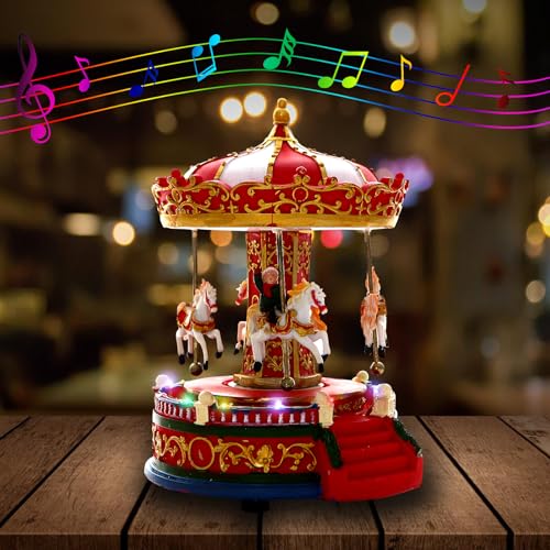 Musical Christmas Carousel Village Figurine with Revolving Horses & 8 Songs