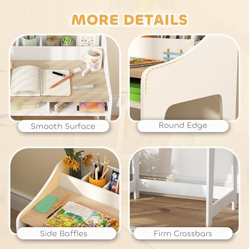 Kids Desk and Chair Set with Storage - Natural Wood Study Table for Children