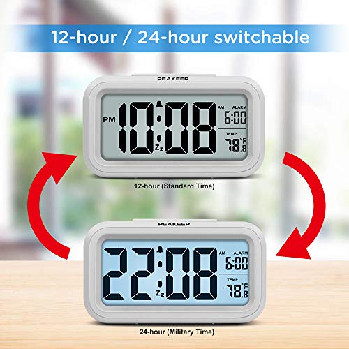 Digital Alarm Clock with Night Light & Temperature - Battery Operated (White)