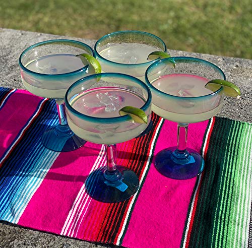 Set of 4 Mexican Hand Blown Margarita Glasses - 16 oz Aqua Blue Rims