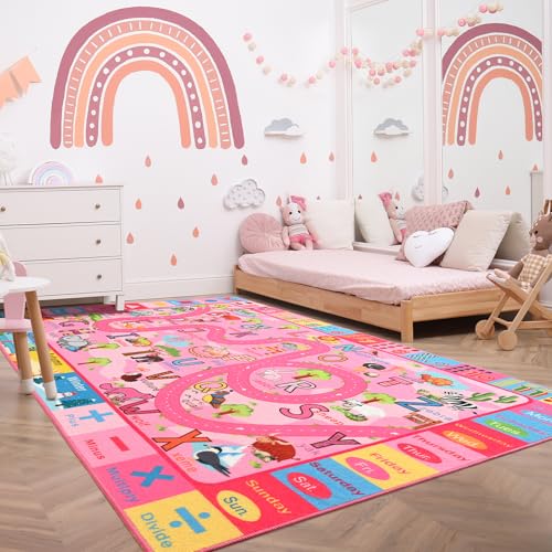 Educational Kids Play Rug 4x6 Pink ABC Learning Carpet for Classroom