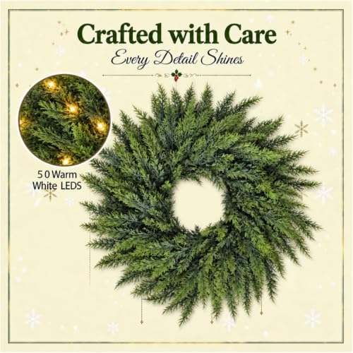 24-Inch Pre-Lit Christmas Wreath with 50 LED Lights for Front Door