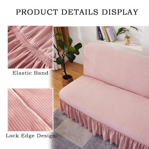 Stretch Futon Cover with Skirt for Armless Sofa Bed - Full Size, Knitted Fabric, Elastic Bottom, Pink