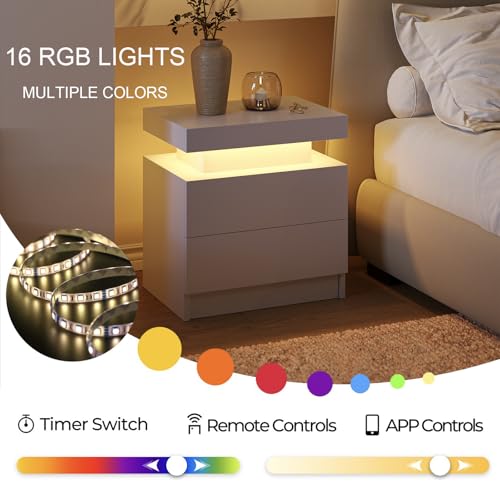 Modern White Nightstand with 2 Drawers and RGB LED Lights