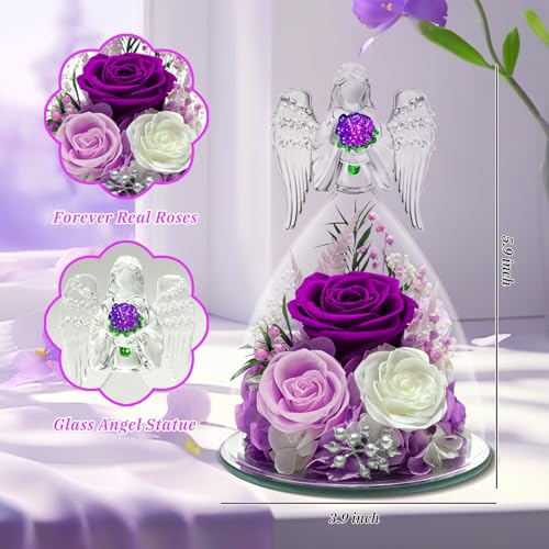Preserved Purple Rose in Glass Angel Figurine - Eternal Flower Gift