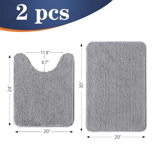 OLANLY 2-Piece Chenille Bathroom Rug Set, Soft Absorbent Bath Mat & Contour Mat, Grey
