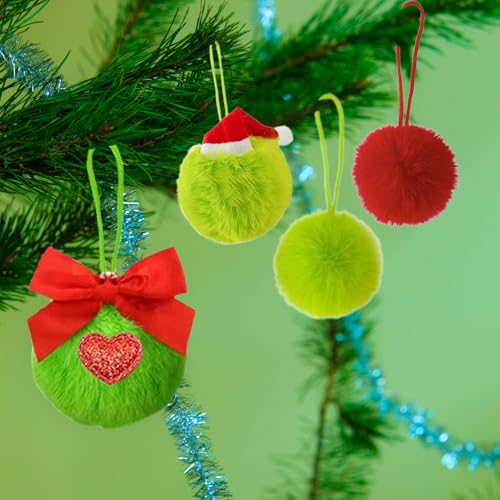 Lime Green Furry Christmas Balls Ornaments with Santa Hat - 6 Pack (Chewarelly) Lime Green Santa Hat – 6