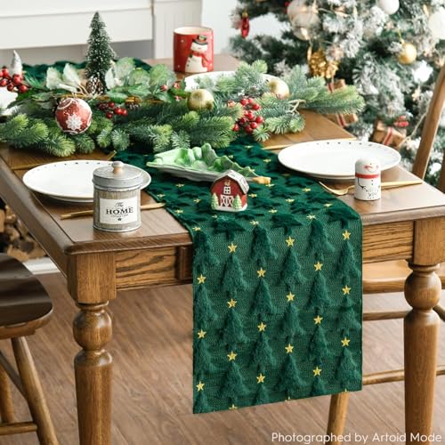 Christmas Tree Stars and Faux Fur Table Runner 13x108 Inches - Green Gold
