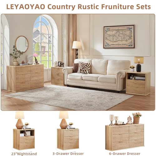 Fluted Farmhouse 3-Drawer Nightstand Set with Charging Station