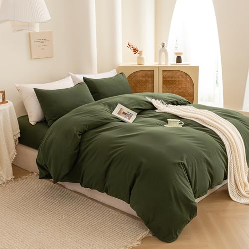 100% Washed Cotton Queen Duvet Cover Set - 3 Piece Bedding (Avocado Green)