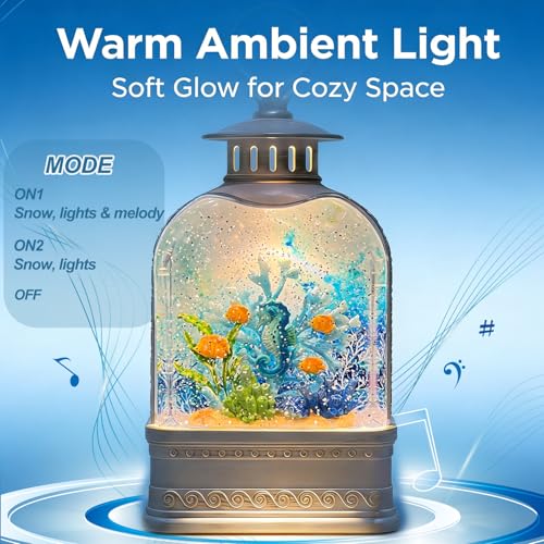 Ocean Themed Musical Snow Globe Lantern with Swirling Glitter and Seahorse