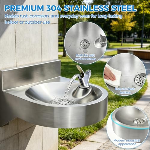 Wall Mounted Stainless Steel Drinking Fountain with Faucet, Compact 11-Inch Basin for Indoor/Outdoor Use