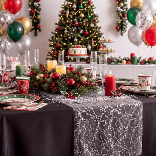 6 Pcs Silver Star Table Runner Set - 11x118in Organza Glitter Chiffon, Shihanee Classic