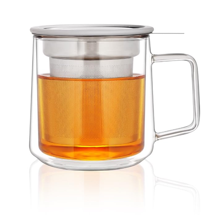 CNGLASS 12oz Double Walled Borosilicate Glass Tea Cup with Steel Infuser & Lid - Set of 1