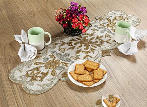 Hand Beaded Silver Gold Ivory Table Runner 13x36 — Homebia Designs, Elegant Holiday Décor