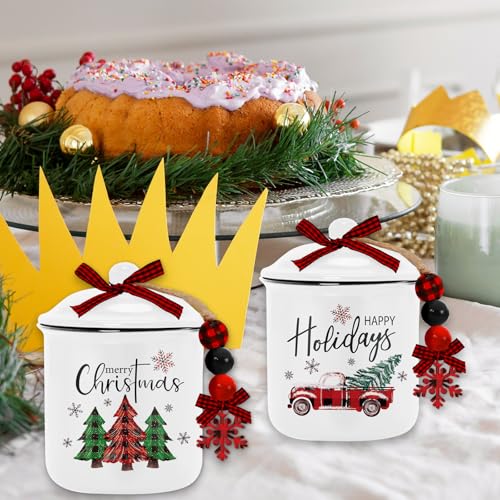 Christmas Mini Ceramic Canister Set with Santa Truck & Tree Design - Holiday Candy Jar & Decor