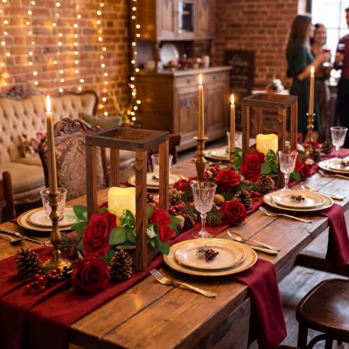 Hushee 60-Piece Wooden Wedding Lantern Centerpieces, Brown & Red with 20 LED Candles