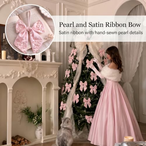 Yinder 12 Pack Pink Pearl Christmas Tree Bow Ornaments Large Satin Holiday Decor