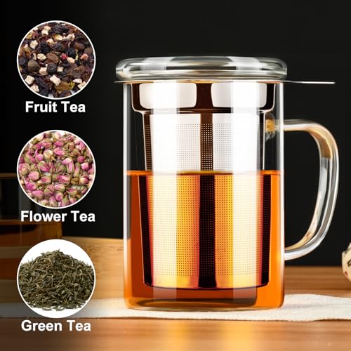 15 oz PARACITY Glass Tea Mug with Infuser & Lid - Borosilicate, Microwave & Dishwasher Safe