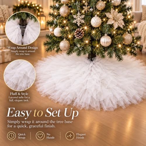 AISENO 36 Inch Fluffy Tulle Christmas Tree Skirt - Elegant Vintage White